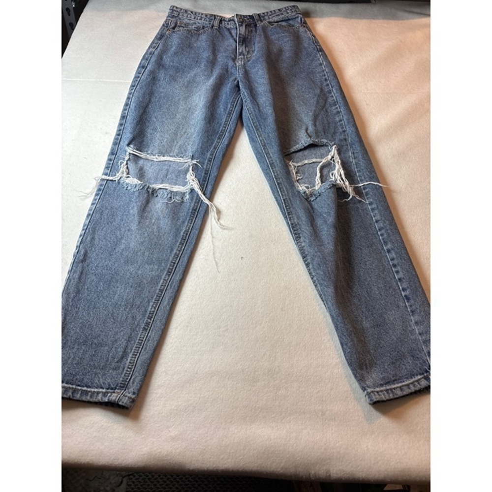 PrettyLittleThing Mom Jeans Women US 6 Blue Excellent Distressed Knee High Rise